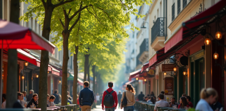 Scène de rue animée dans l'est de Paris en journée avec jeunes professionnels