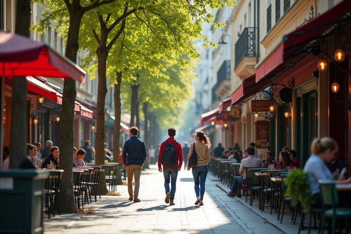 Scène de rue animée dans l'est de Paris en journée avec jeunes professionnels