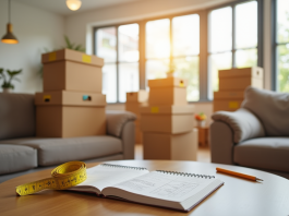 Choisir le bon volume m3 pour un déménagement : conseils et astuces Salon lumineux avec caisses de déménagement empilees