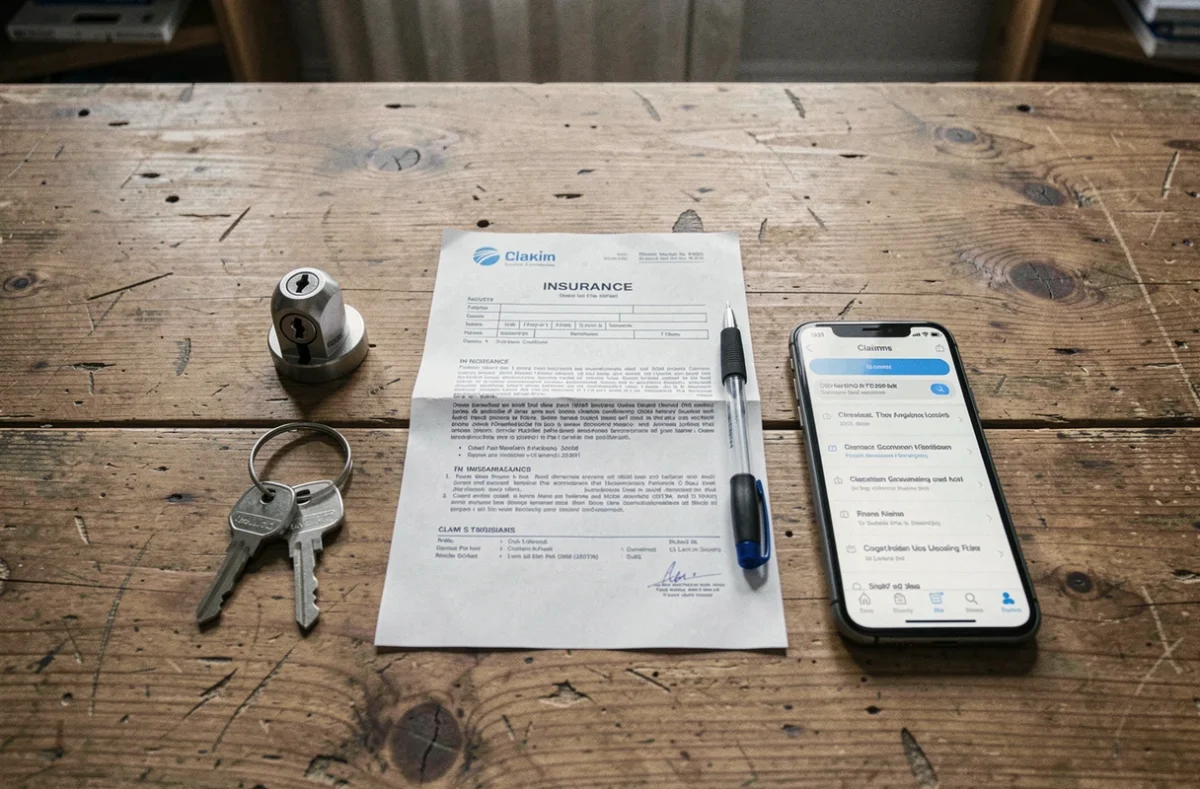 Vue rapprochée d'une serrure, de clés et d'un contrat d'assurance habitation sur une table en bois
