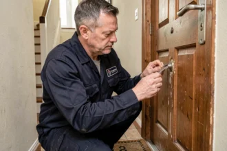 Serrurier professionnel examinant une serrure endommagée sur une porte d'appartement