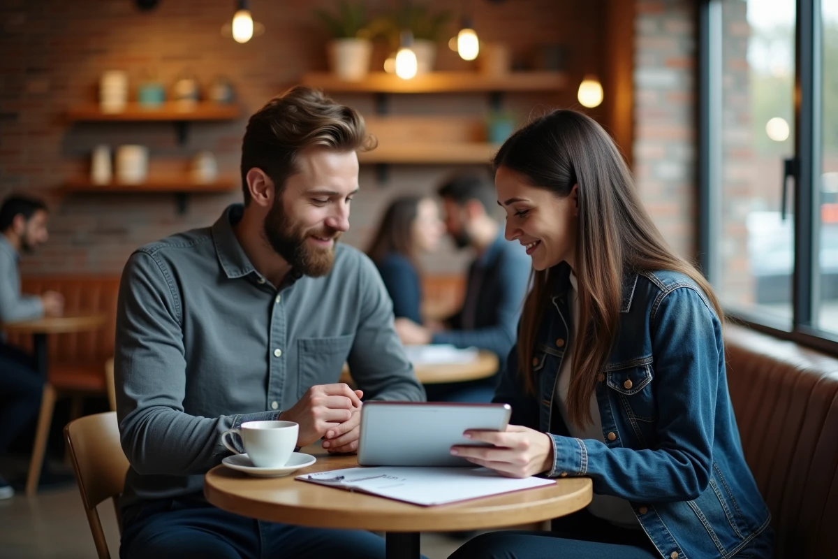 Locataire et propriétaire signant un contrat de location numérique ensemble dans un café