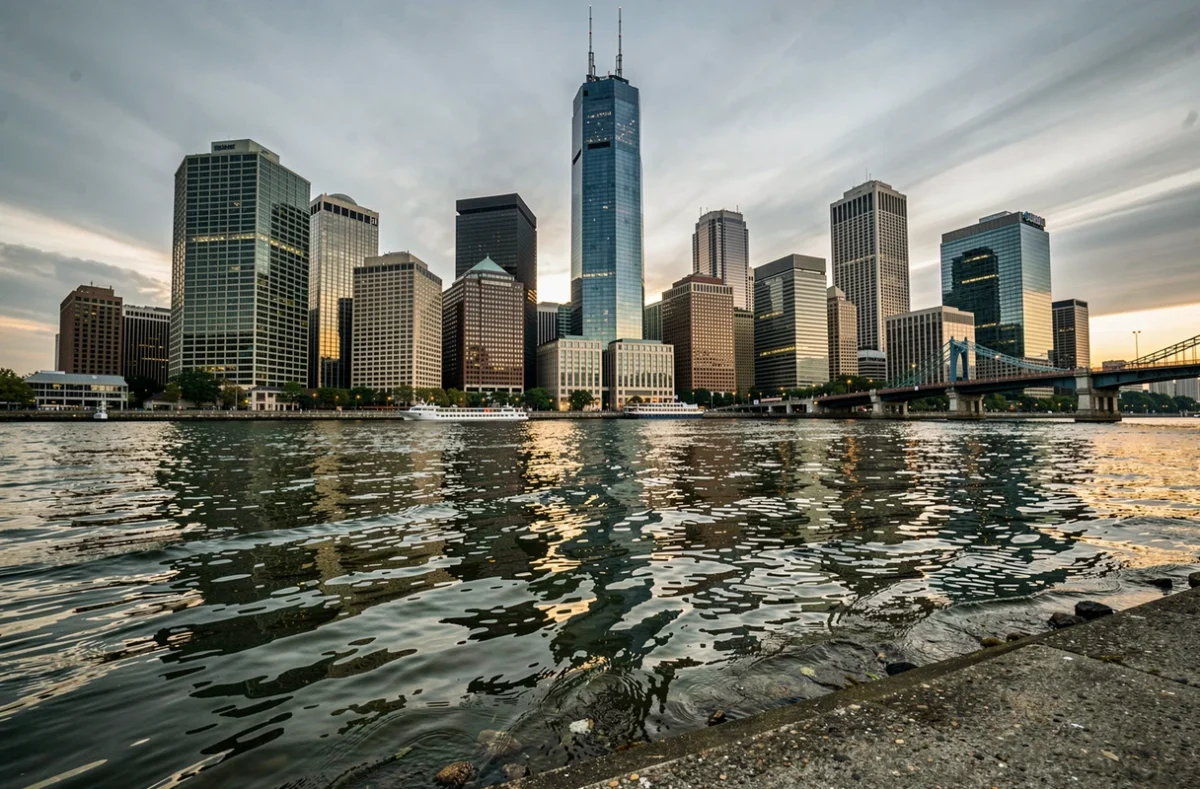 Panorama du quartier financier de Chicago au crépuscule avec la tour Citadel Center visible depuis les bords de la Chicago River