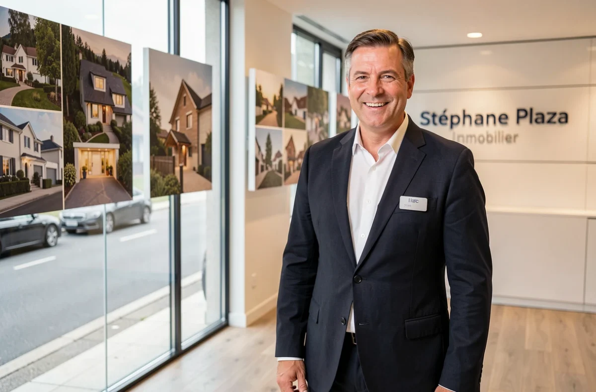 Agent Stéphane Plaza Immobilier dans l'agence moderne d'Oyonnax avec vitrine de propriétés en arrière-plan