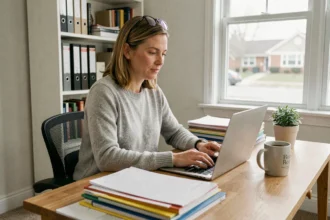 Femme en télétravail à son bureau à domicile entourée de dossiers et d'un ordinateur portable, illustrant la nécessité d'adapter son assurance habitation