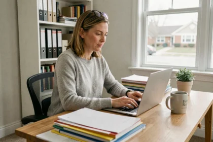 Femme en télétravail à son bureau à domicile entourée de dossiers et d'un ordinateur portable, illustrant la nécessité d'adapter son assurance habitation