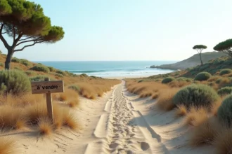 Terrain vierge en bord de mer avec panneau à vendre, vue large sur littoral naturel avec végétation côtière et horizon océan