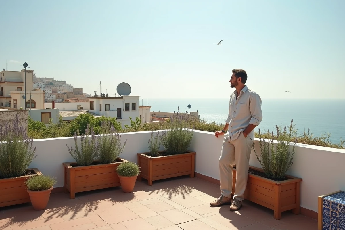 Terrasse jardin sur toit d'une maison en location à Essaouira avec vue sur l'océan Atlantique et les remparts de la médina