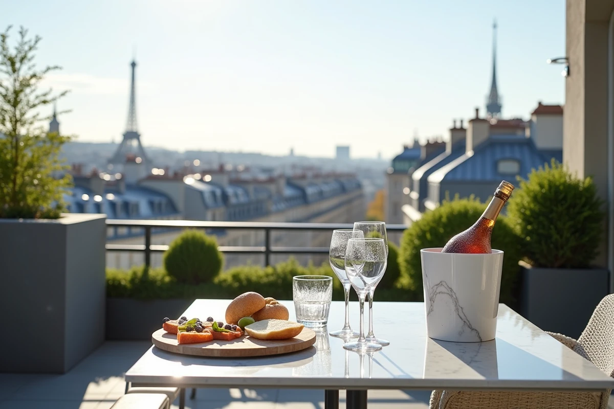 Terrasse haut de gamme parisienne aménagée pour un apéritif avec vue panoramique sur les toits de Paris