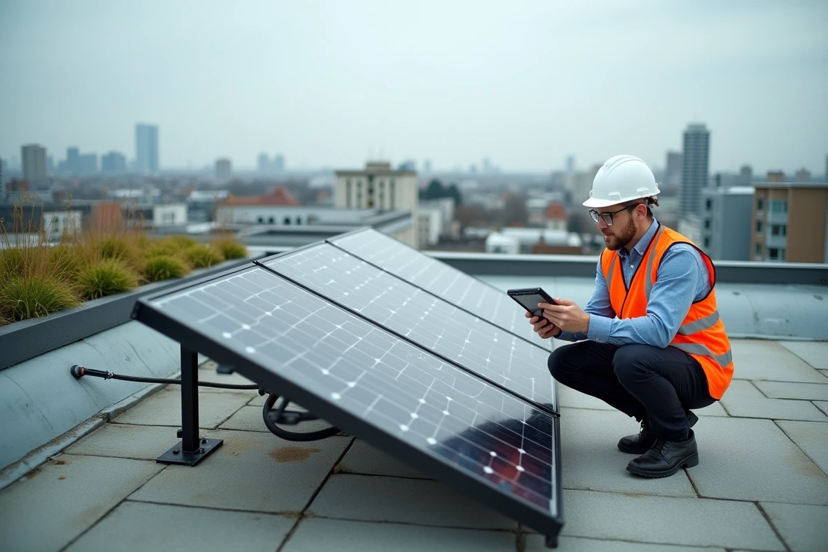 Ingénieur en toiture végétalisée et panneaux solaires de l'immeuble Parallèle Enedis pour une gestion énergétique durable