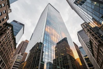 Vue en contre-plongée de la tour Citadel Center dans le quartier financier de Chicago, façade en verre reflétant les immeubles environnants