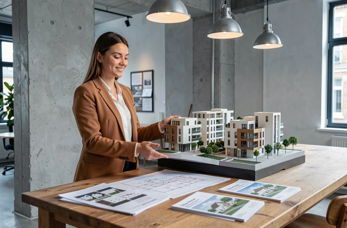 Agente Urbania Bourg-en-Bresse présentant une maquette de projet résidentiel urbain dans une agence design