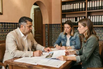 Agent immobilier marocain et couple européen examinant des documents de vente d'une villa à Marrakech dans un bureau de notaire