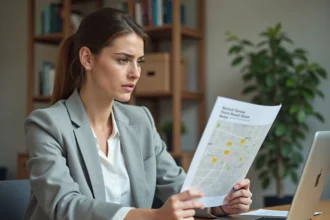 Femme consultant un bail de location et vérifiant une carte des zones tendues sur ordinateur portable