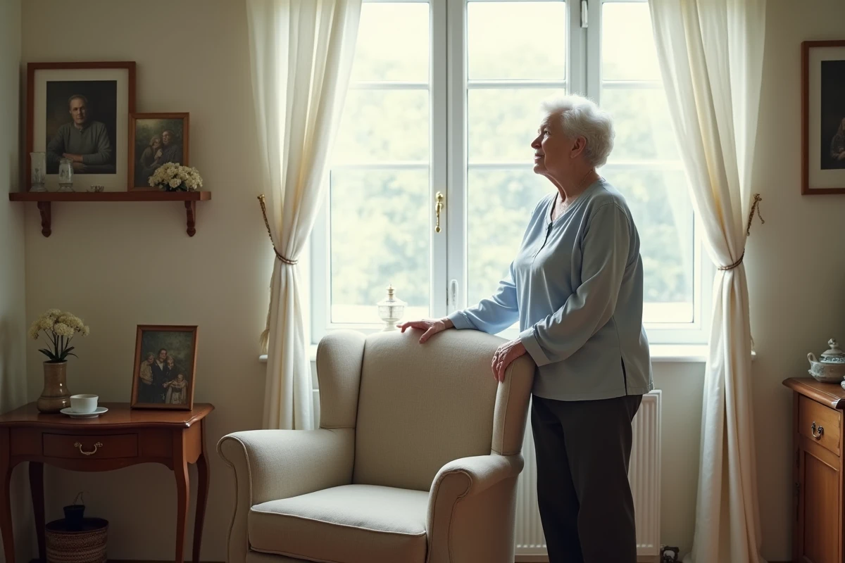 Veuve âgée dans le salon du domicile familial réfléchissant à ses droits d'usufruit sur le logement après le décès du conjoint