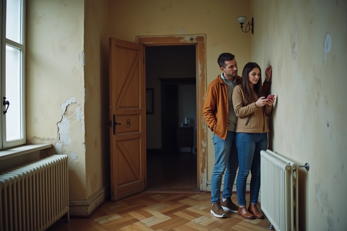 Couple inspectant les défauts cachés d'une maison ancienne lors d'une visite immobilière à Beauvais