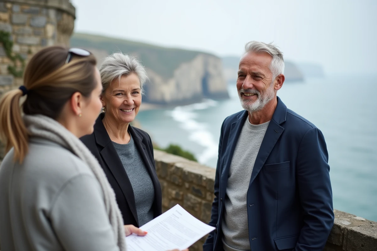 Couple visitant une maison à vendre en bord de mer à Étretat sur la côte d'Albâtre en Normandie