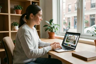 Femme naviguant une visite virtuelle de maison sur ordinateur portable depuis son bureau à domicile