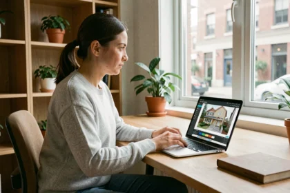 Femme naviguant une visite virtuelle de maison sur ordinateur portable depuis son bureau à domicile
