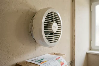 Unité VMC installée dans une salle de bain d'appartement avec rapport DPE posé sur une étagère, illustrant l'obligation de ventilation mécanique contrôlée pour la location en 2026